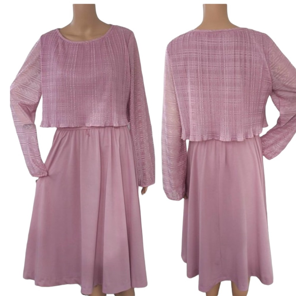 Sheer Pink Dress Long Sleeve M L 70s Vintage